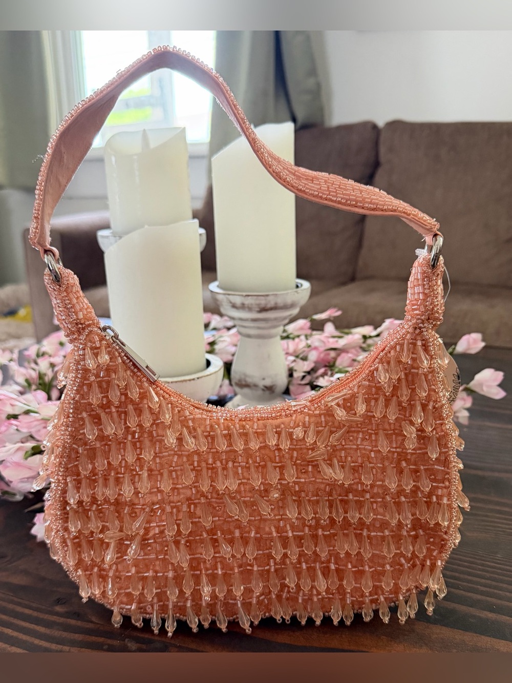 Peach Beaded Mini Shoulder Bag - Chic Evening Accessory